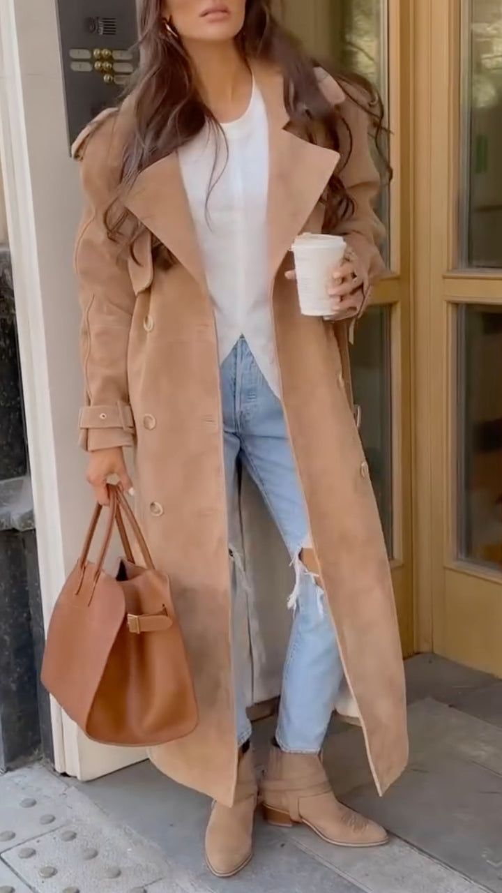 Camel Wide-Lapel Double-Breasted Long Trench Coat