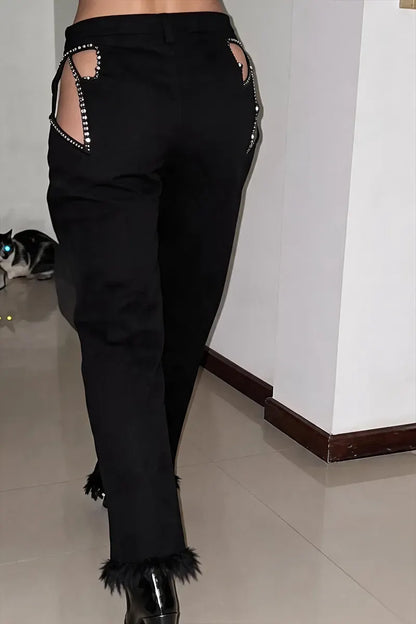 Black Crystal-Trim Hip-Cutout Pants
