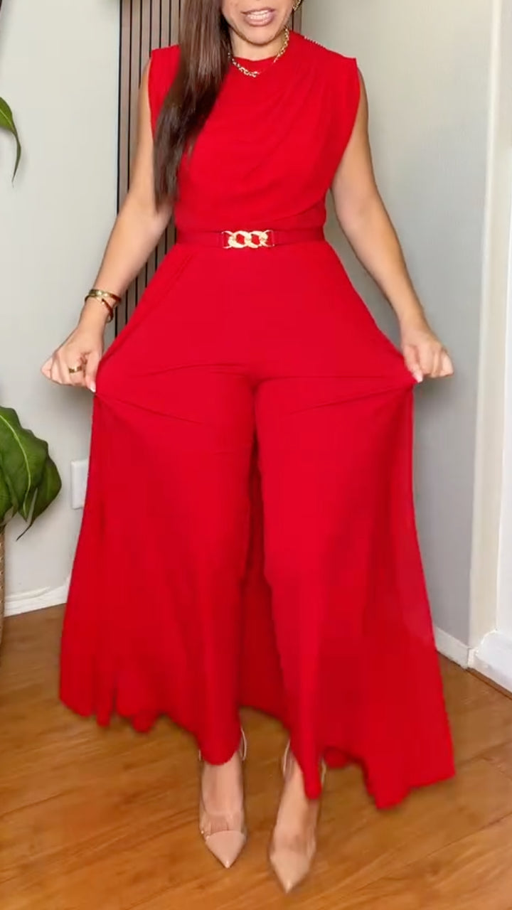 Red Sleeveless Gold-Accent Wide-Leg Jumpsuit
