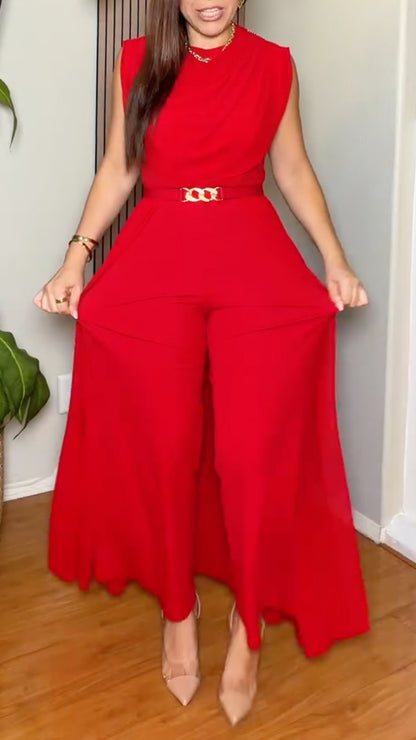 Red Sleeveless Gold-Accent Wide-Leg Jumpsuit