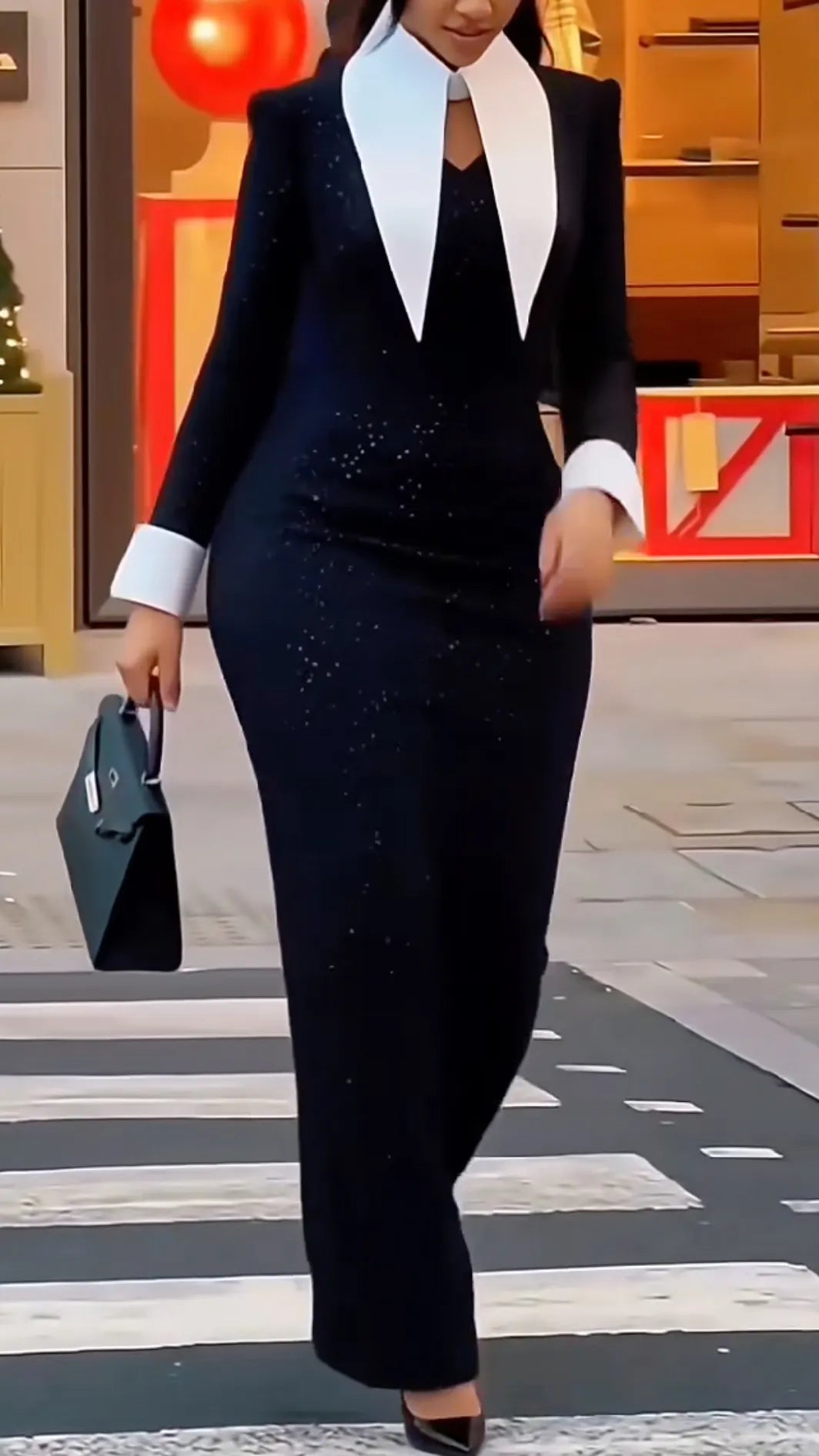 Black Sparkle Dress with Oversized White Pointed Collar