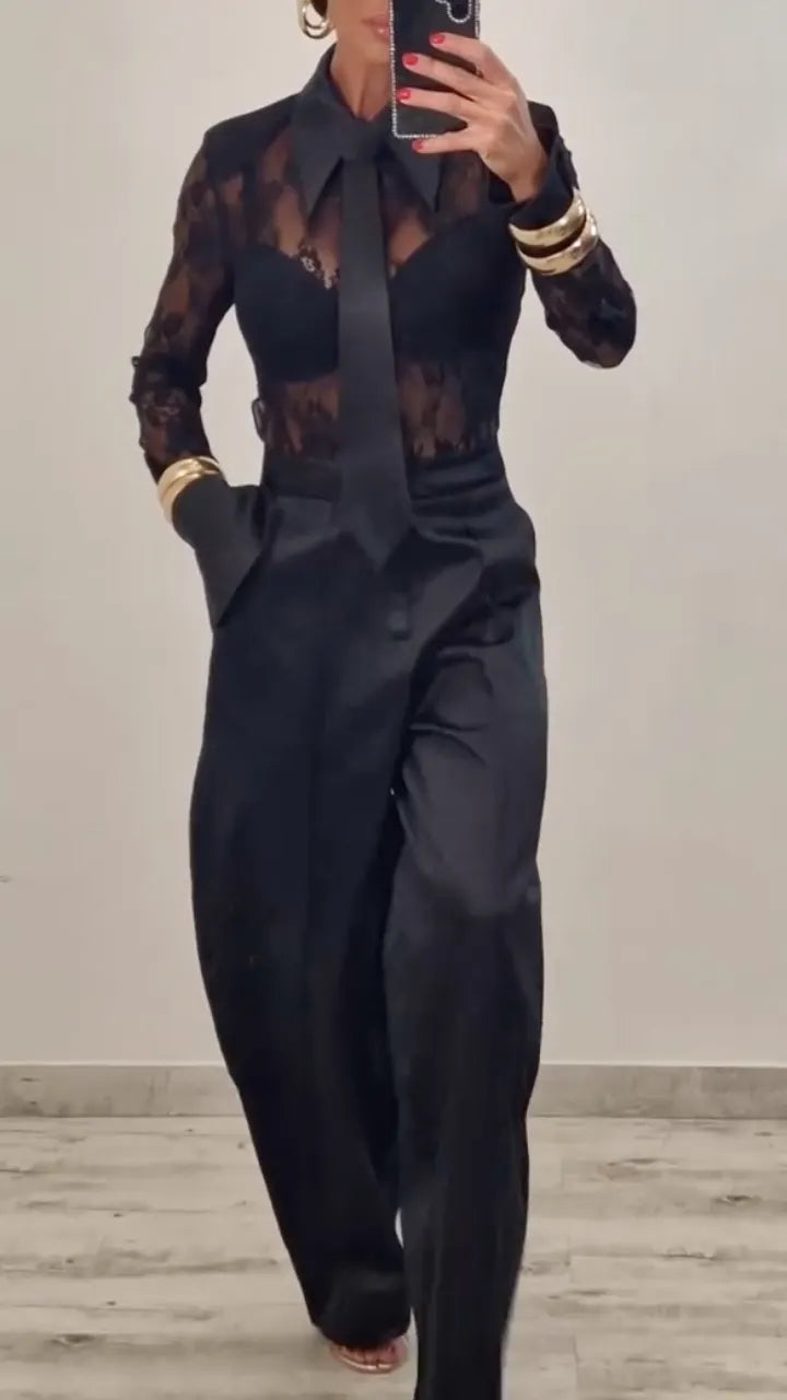 Black Floral Lace Shirt and Wide-Leg Pants Set