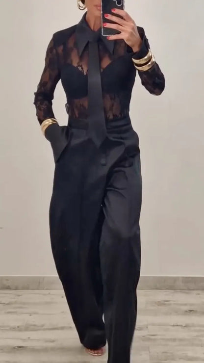 Black Floral Lace Shirt and Wide-Leg Pants Set
