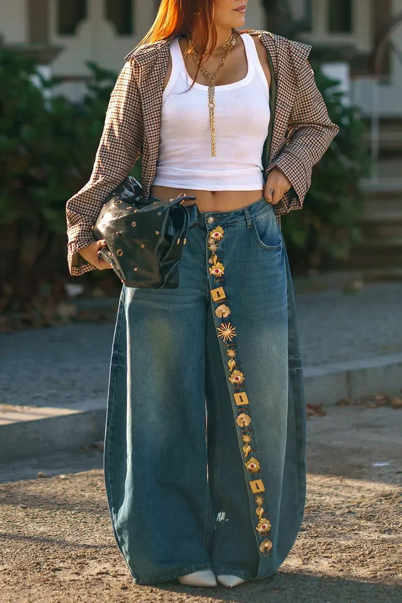 Gold-Motif Embellished Wide-Leg Jeans