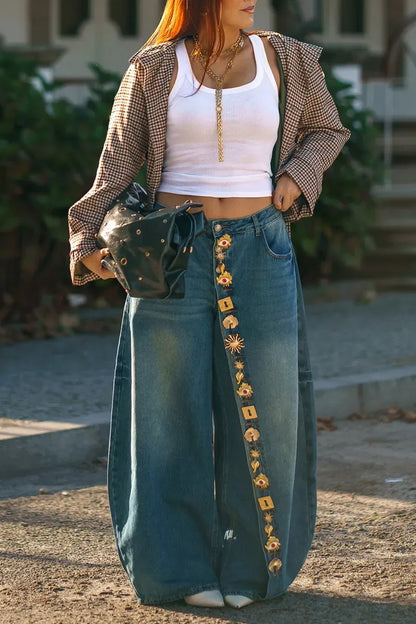 Gold-Motif Embellished Wide-Leg Jeans