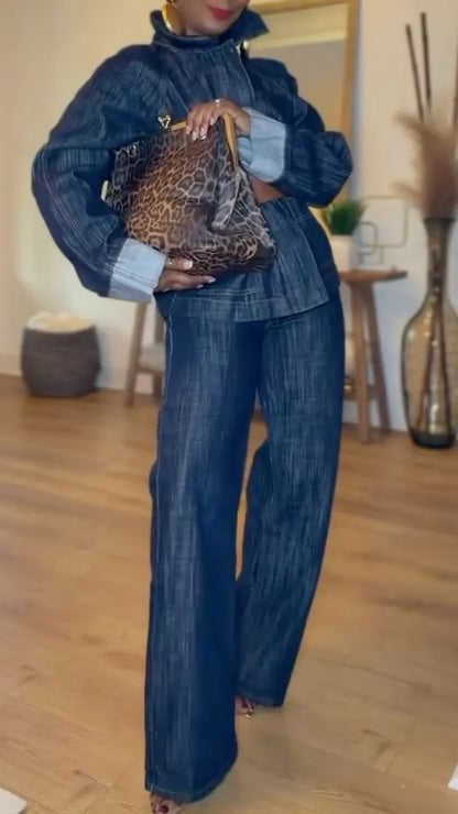 Dark Denim Relaxed Jacket & Wide-Leg Pants Set