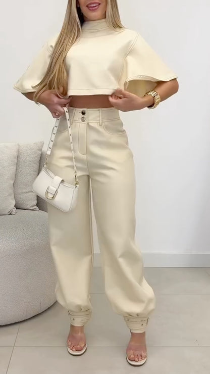 Camel High-Neck Cape Crop Top and Cuffed Balloon Pants Set