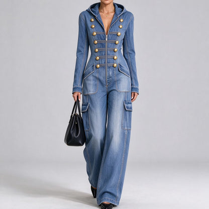Blue Military-Button Hooded Cargo Denim Jumpsuit