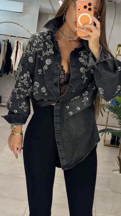 Charcoal Floral-Embellished Oversized Denim Shirt