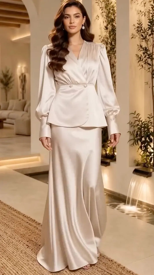 Champagne Wrap-Front Peplum Top and Maxi Skirt Set