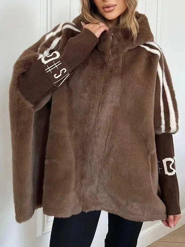 Brown Plush Hooded Cape Jacket with Knit Cuffs