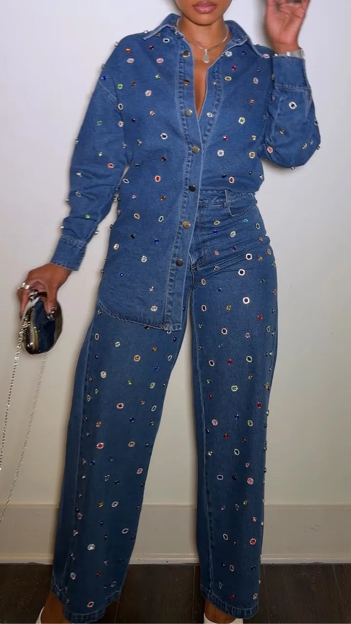 Multicolor Crystal-Style Denim Shirt & Wide-Leg Pants Set