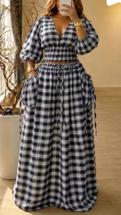 Black-and-White Plaid Puff-Sleeve Crop Top & Wide-Leg Pants Set