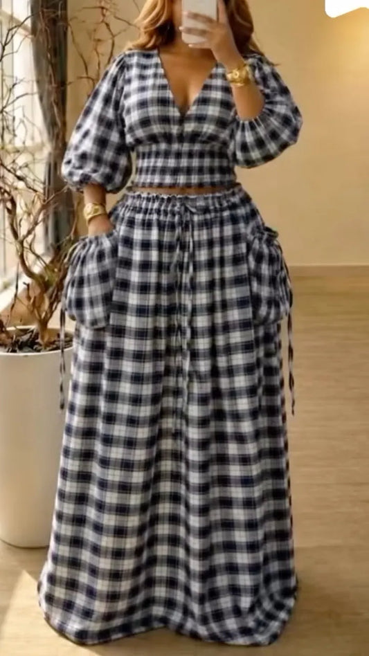 Black-and-White Plaid Puff-Sleeve Crop Top & Wide-Leg Pants Set