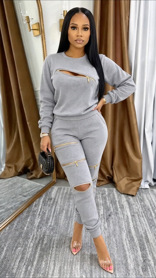 Gray Gold-Zip Cutout Sweatshirt and Jogger Set