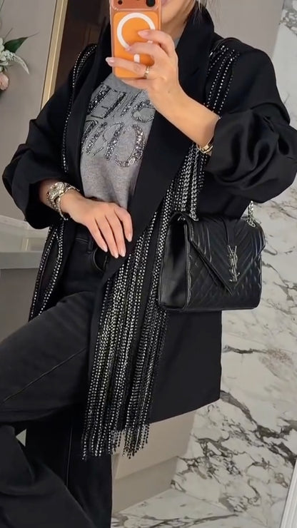 Black Sparkling Fringe Relaxed Blazer
