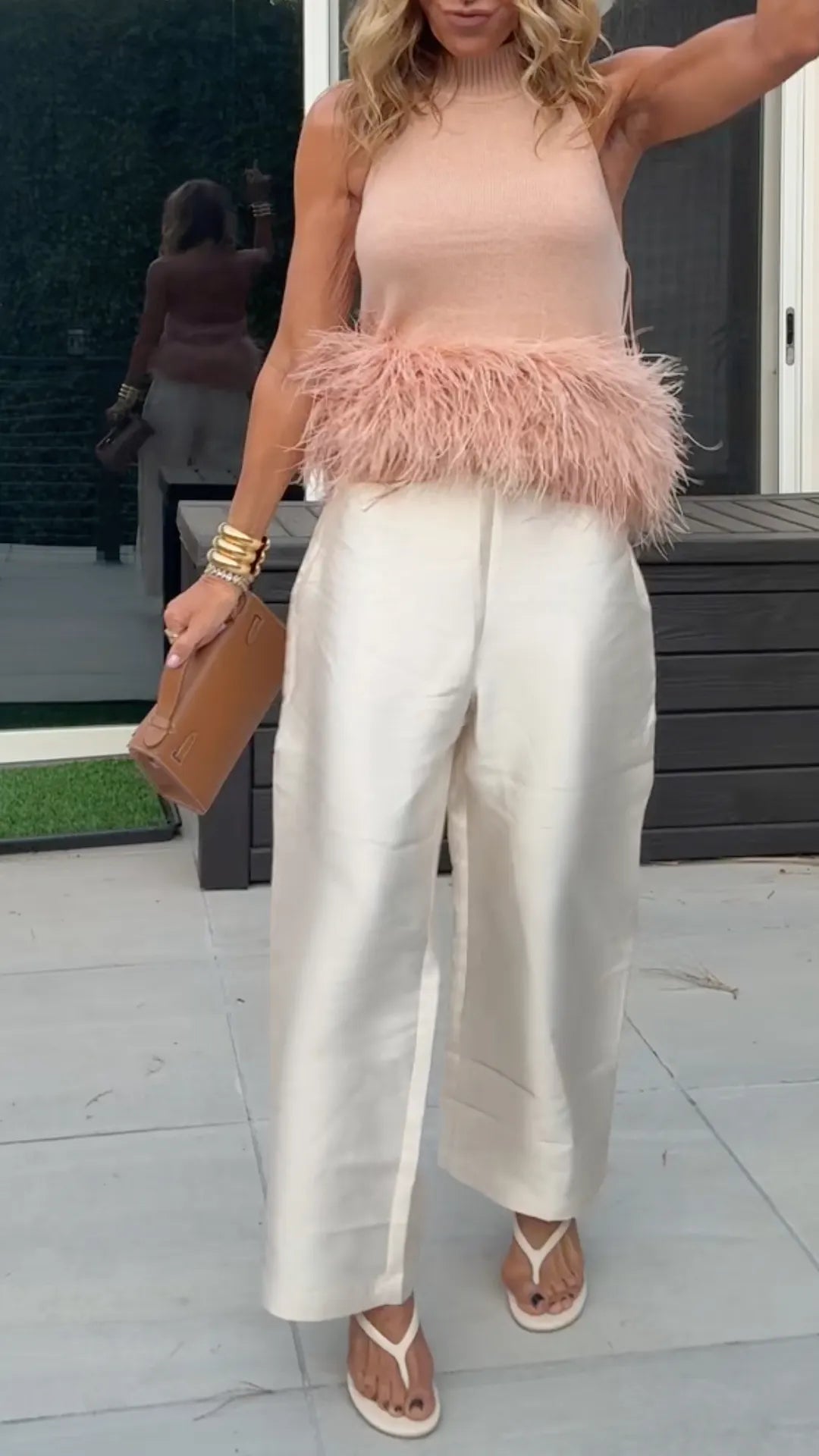 Blush Mock-Neck Sleeveless Feather-Effect Hem Top