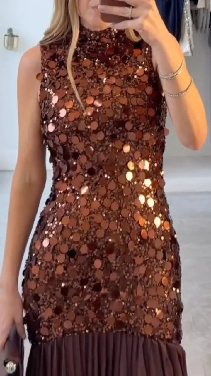 Chocolate Sleeveless Disc-Sequin Ruffle Maxi Dress