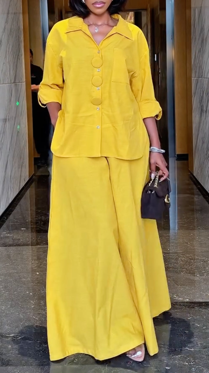 Yellow Oversized Shirt & Wide-Leg Pants Set