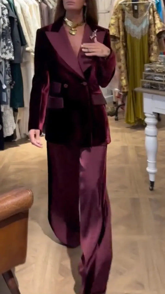 Burgundy Velvet-Look Contrast-Lapel Pants Suit