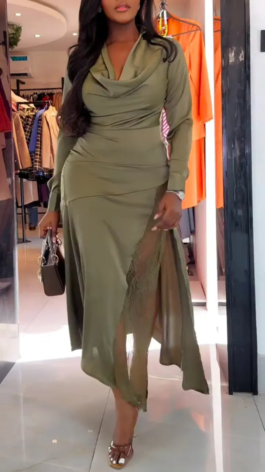 Olive Cowl-Neck Draped Lace-Insert Midi Dress
