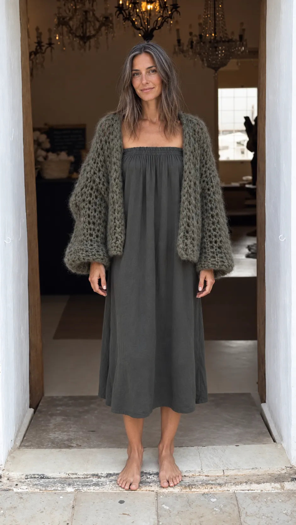Olive Chunky-Knit Cardigan & Strapless Midi Dress Set