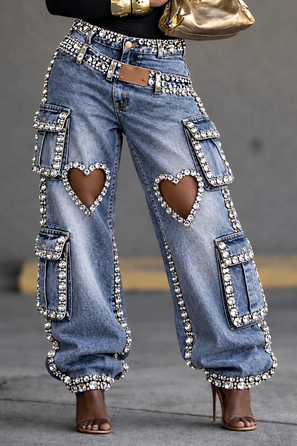 Crystal Heart-Cutout Layered-Waist Cargo Jeans
